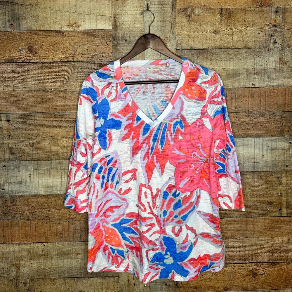 Soft Surroundings Featherweight Multicolor V Neck 3/4 Sleeve Top Size M